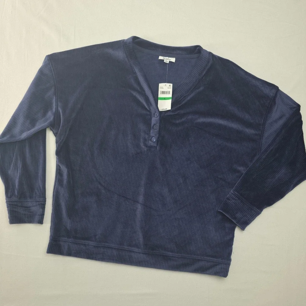 Roudelain Womens Velour 2 Pc Pajama Set Navy Large Henley Cozy Sleepwear PJs NWT